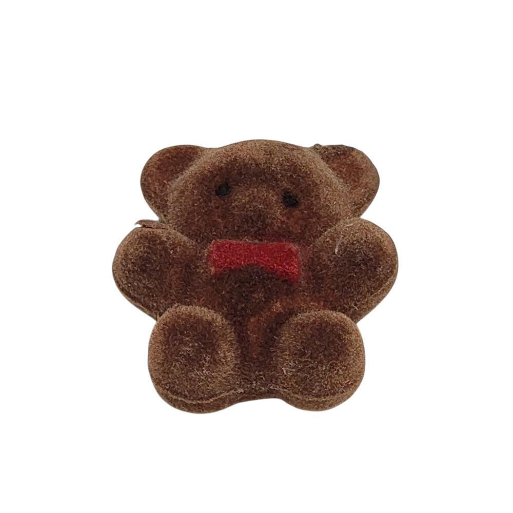 VTG 80s Teddy Bear Magnet‎ Brown Flocked Red Bow Tie 2" Refrigerator Collectible